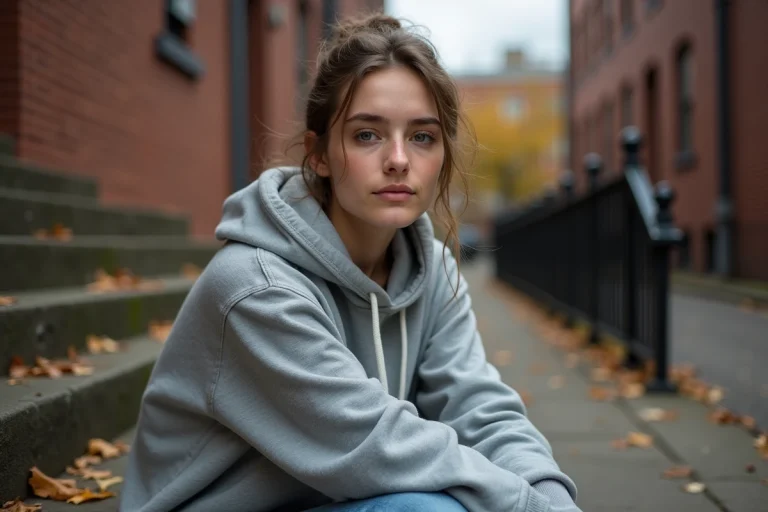 Jeune femme en hoodie gris assise sur des marches en briques urbaines, illustrant le parcours d'Alaina Marie Mathers fille adoptive d'Eminem