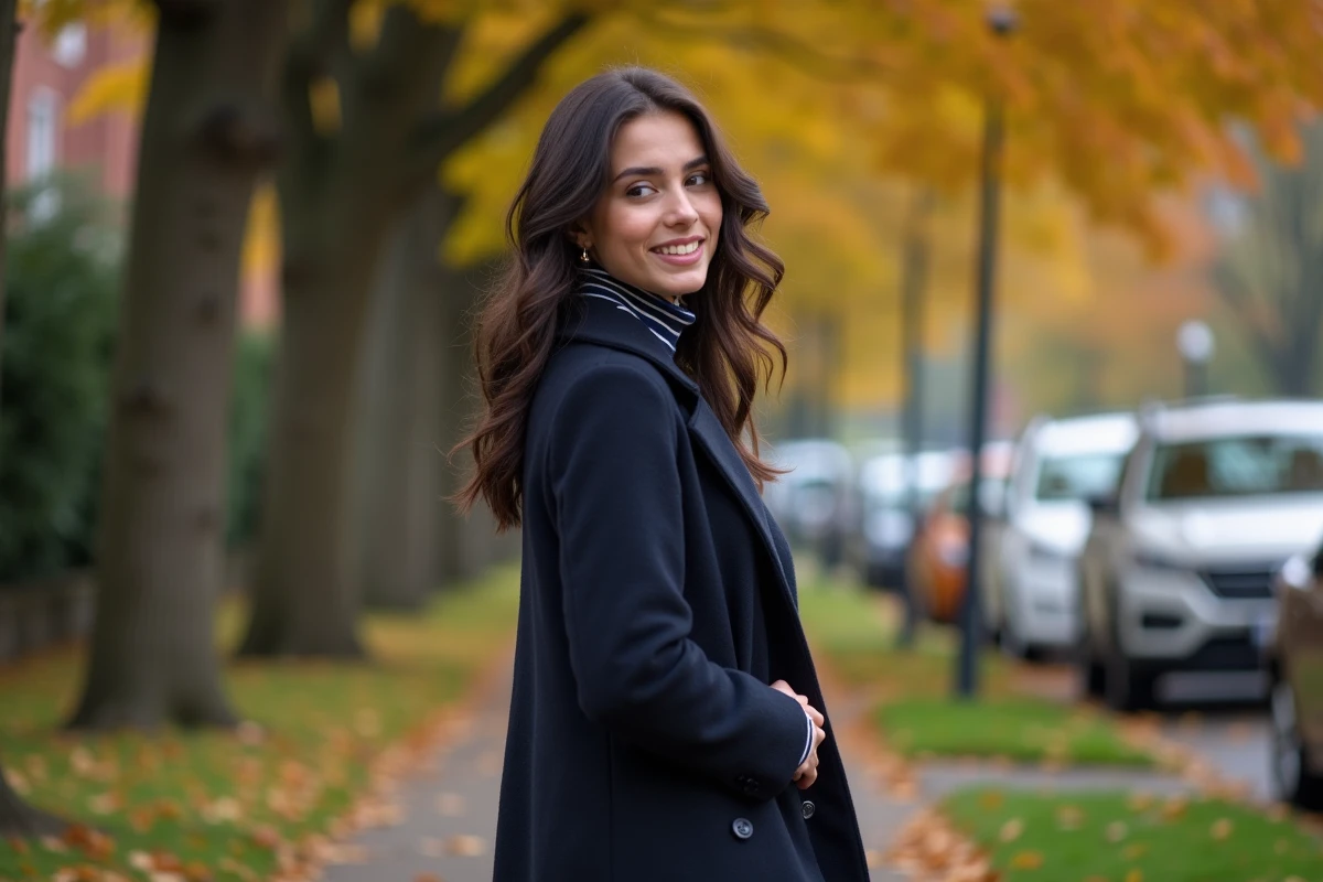 Jeune femme en manteau marine marchant sur un trottoir bordé d'arbres en automne, symbolisant le parcours de vie d'Alaina Marie Mathers