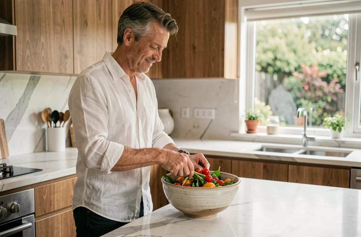 Homme préparant une salade équilibrée dans une cuisine moderne pour une alimentation saine