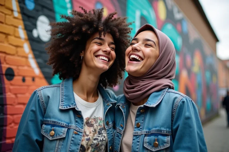Deux jeunes femmes souriantes devant un mur graffiti coloré