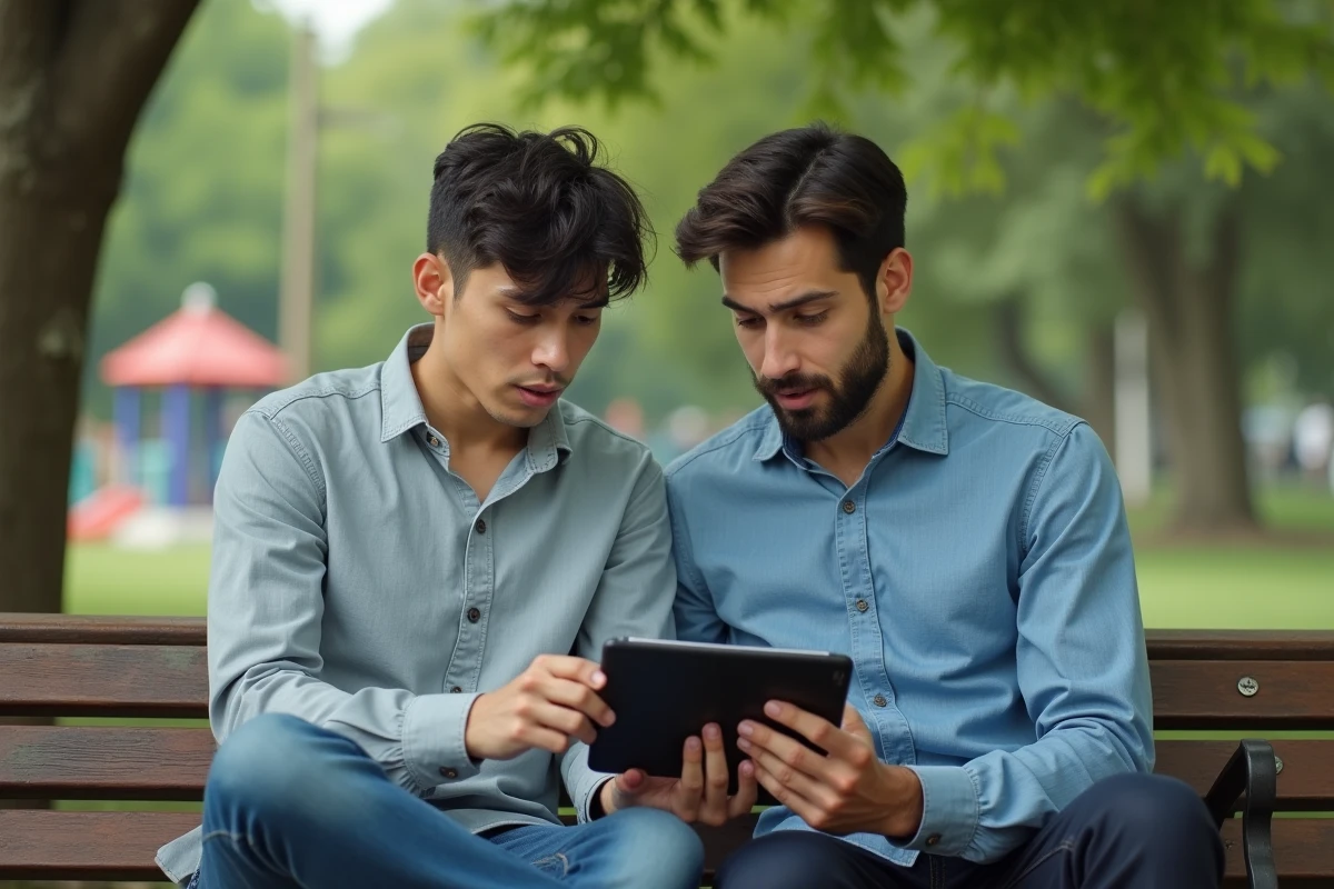 Deux amis surpris regardant une publication sur une tablette dans un parc