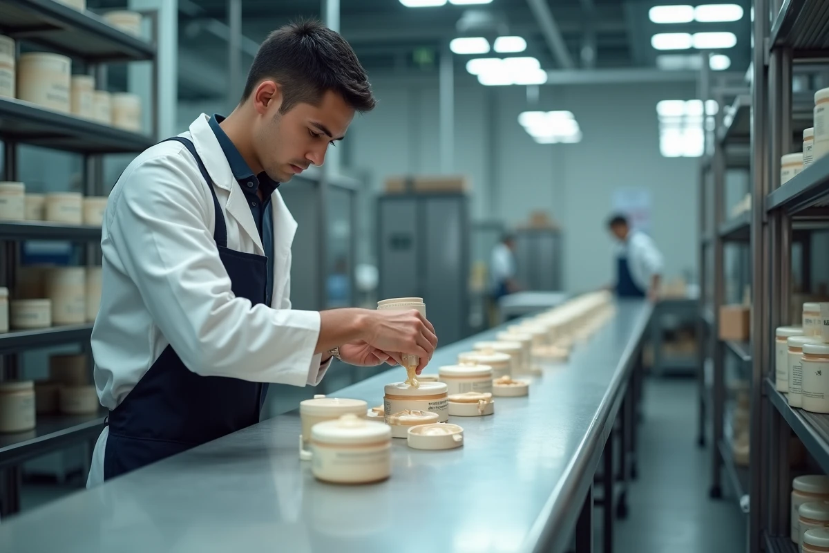 Jeune artisan versant une creme dans un pot dans l