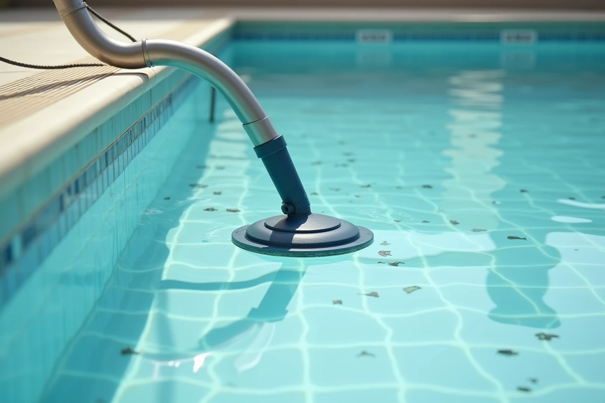 Aspirateur de piscine nettoyant des éclats de verre sur le fond carrelé d'une piscine intérieure