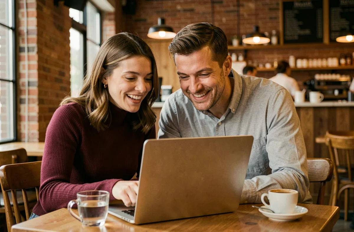 Deux associés finalisant la publication d'une annonce légale en ligne dans un café urbain