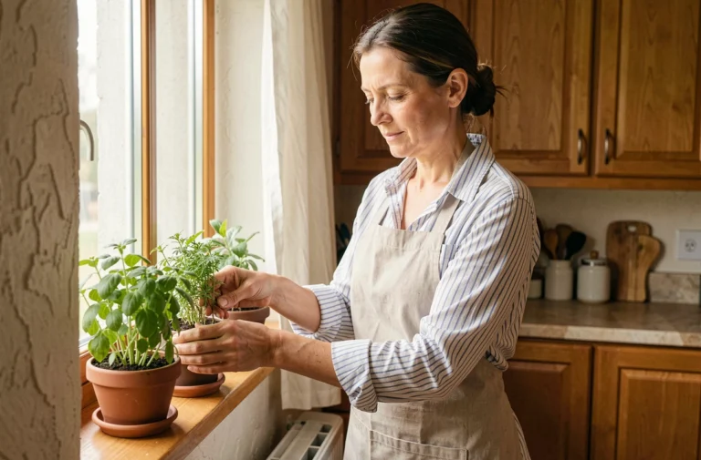 Femme arrangeant des herbes aromatiques dans des pots en céramique sur le rebord d'une fenêtre de cuisine en bois, ambiance chaleureuse et naturelle