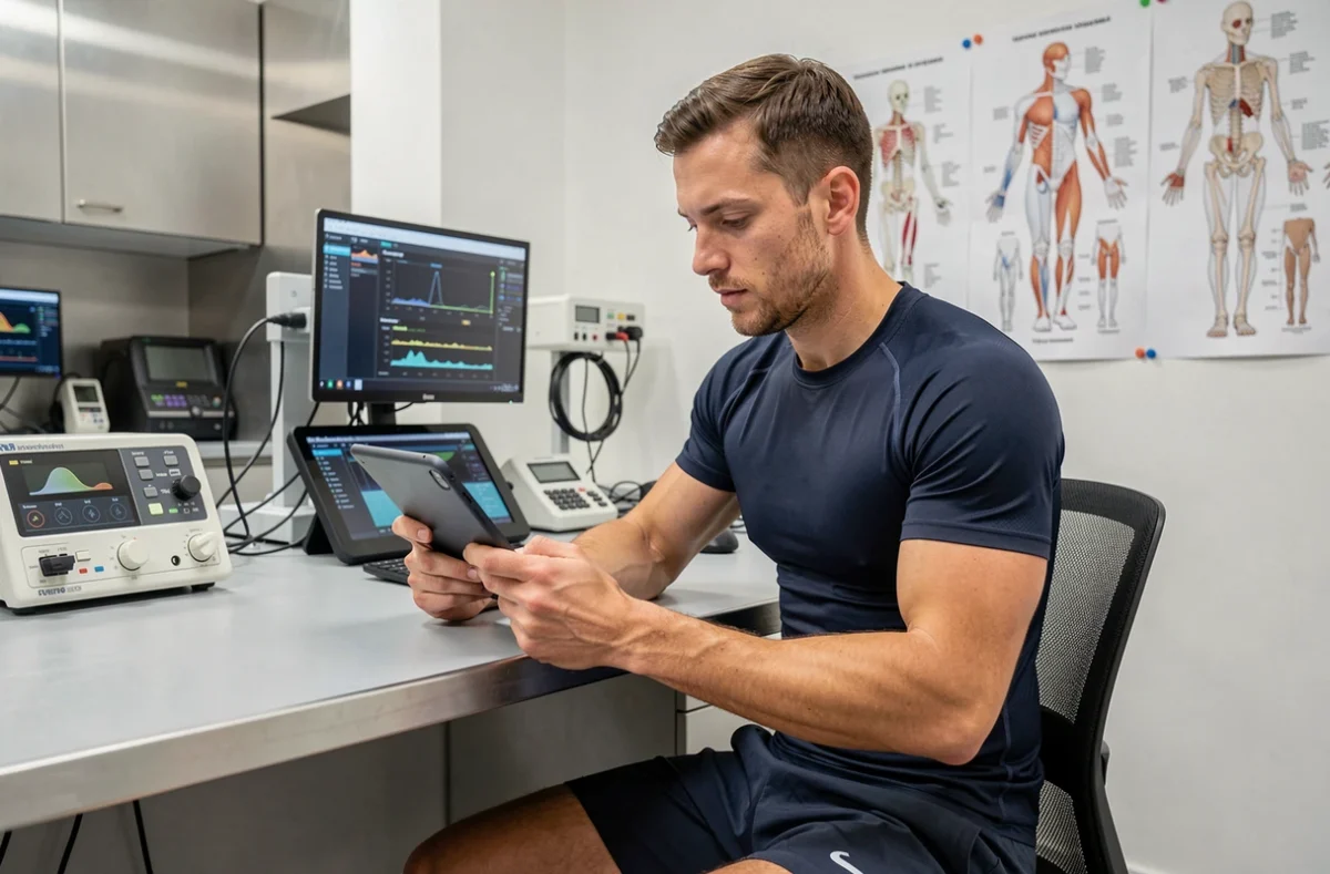 Athlète masculin analysant ses données de performance sportive sur une tablette dans un laboratoire de science du sport moderne
