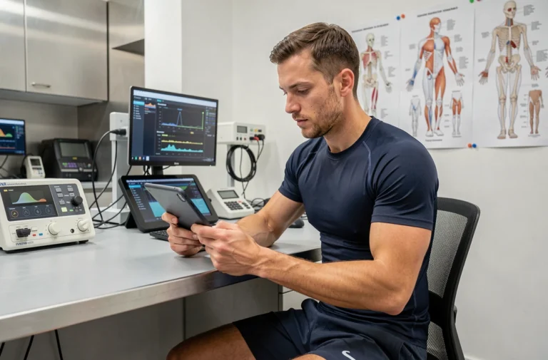 Athlète masculin analysant ses données de performance sportive sur une tablette dans un laboratoire de science du sport moderne