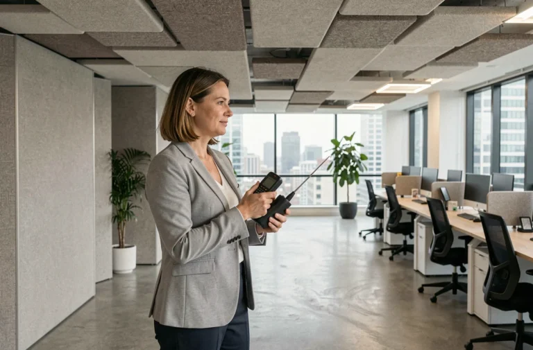 Ingénieure acoustique mesurant le niveau sonore dans un bureau open space avec panneaux acoustiques au plafond