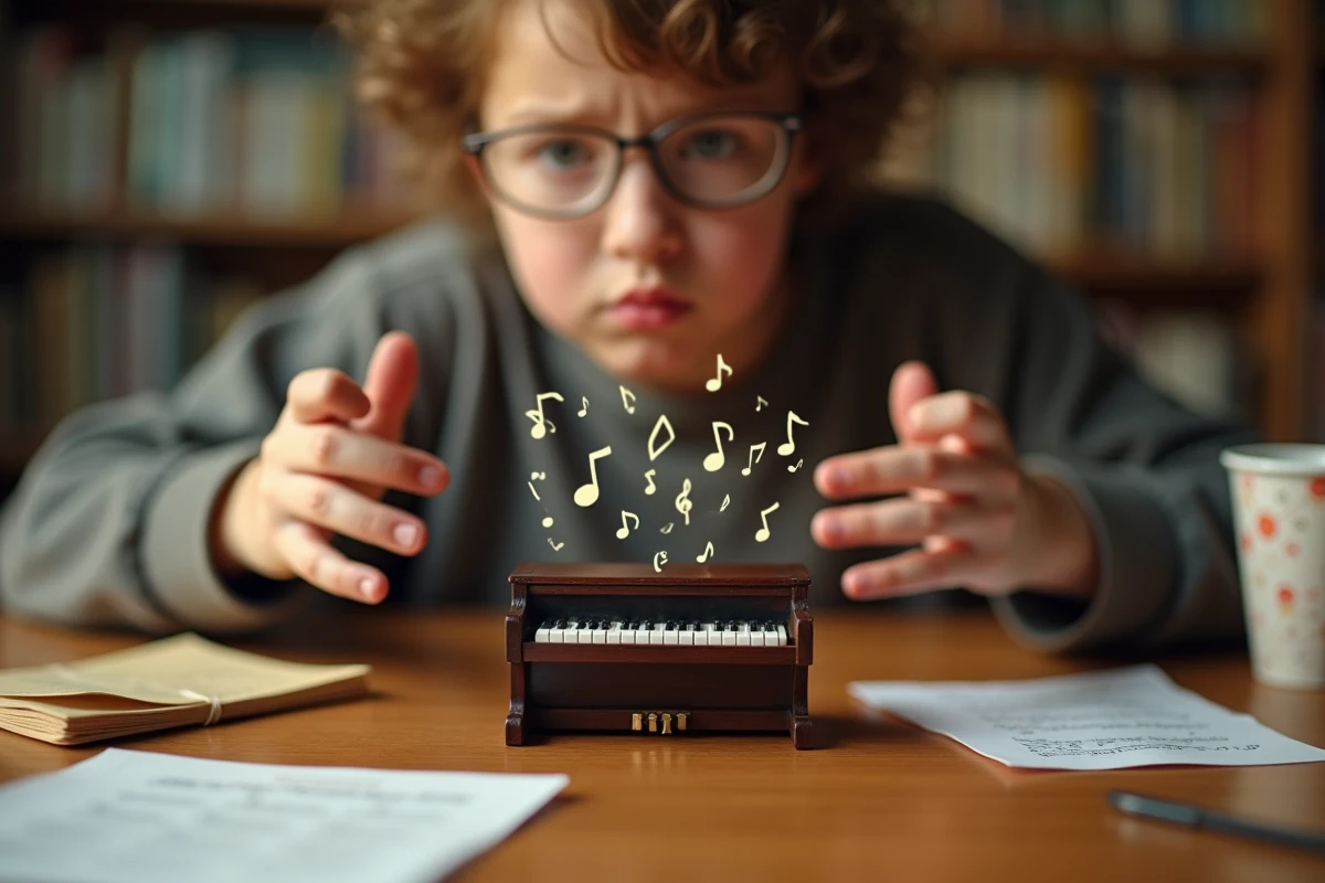 Mains jouant maladroitement sur un piano miniature avec des notes de musique chaotiques s'envolant au-dessus