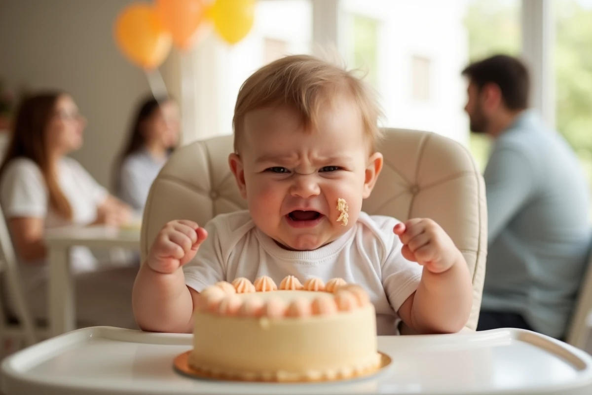 Bébé faisant une grimace comique devant son gâteau d'anniversaire lors de son premier anniversaire