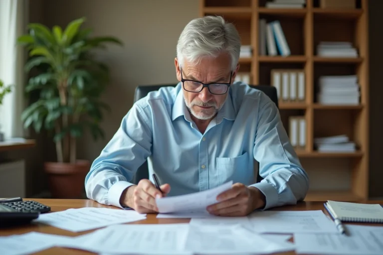 Un homme de 62 ans concentré sur le calcul de son solde de tout compte à la retraite, entouré de fiches de paie et d'une calculatrice sur un bureau en bois