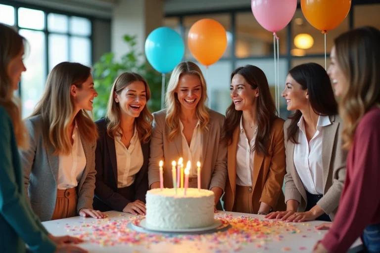 Groupe de collègues femmes célébrant un anniversaire au bureau avec gâteau, ballons et confettis
