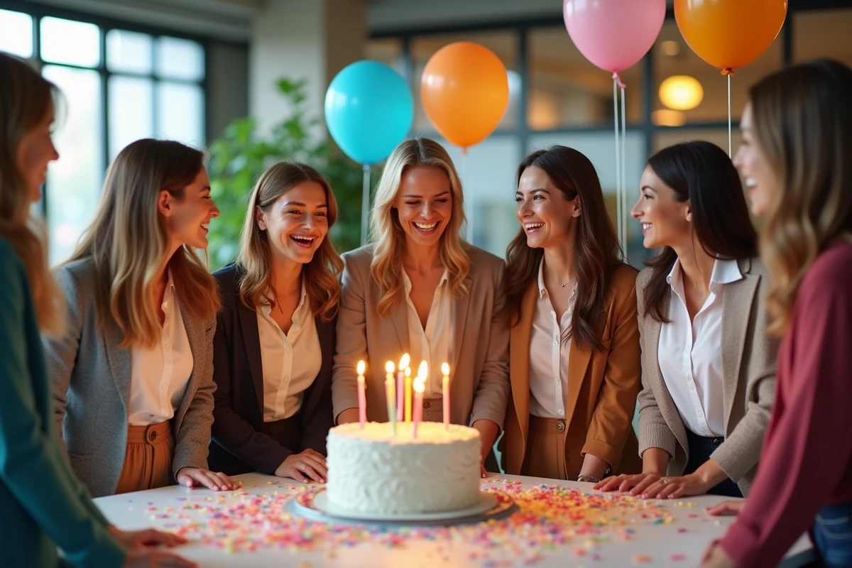 Groupe de collègues femmes célébrant un anniversaire au bureau avec gâteau, ballons et confettis