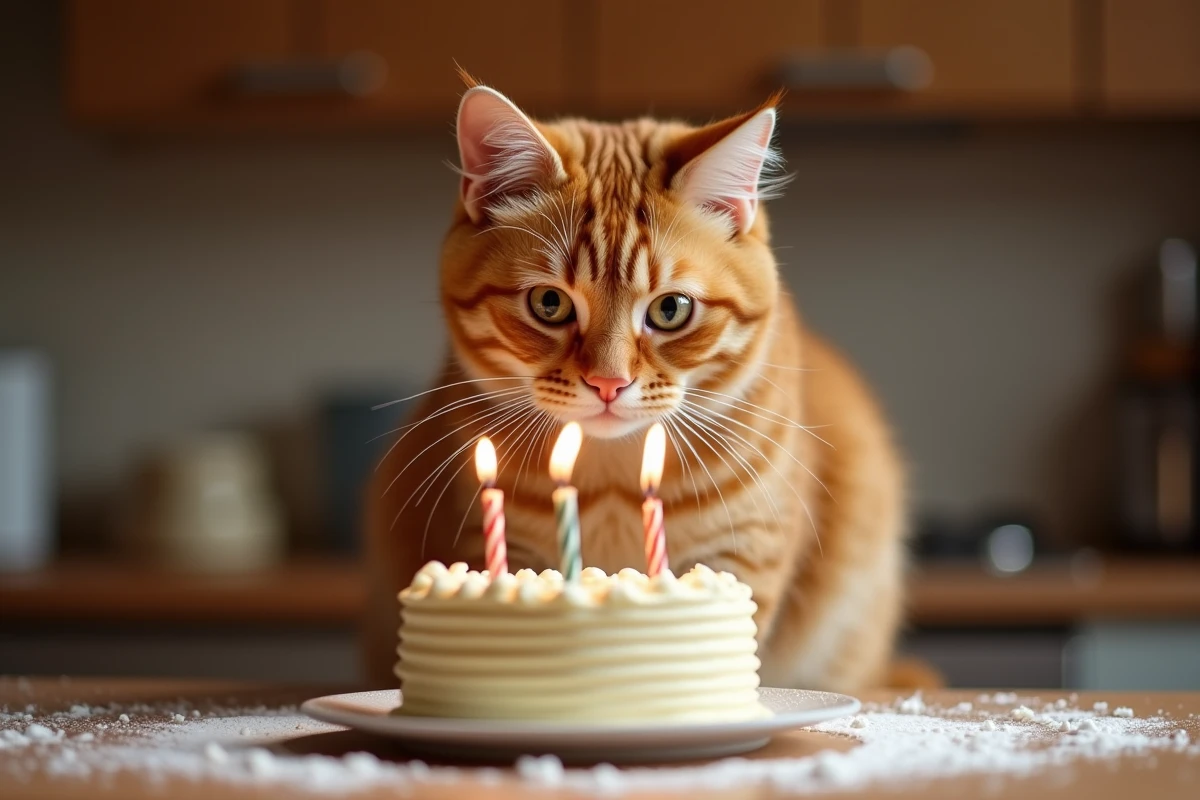 Chat roux qui tente de souffler les bougies d'un gâteau d'anniversaire sans y parvenir