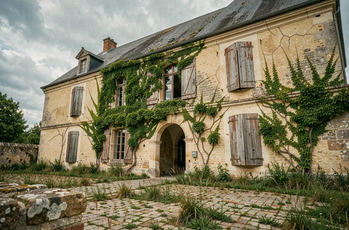 Château français à vendre en état de délabrement avec façade en pierre abîmée et cour envahie par la végétation