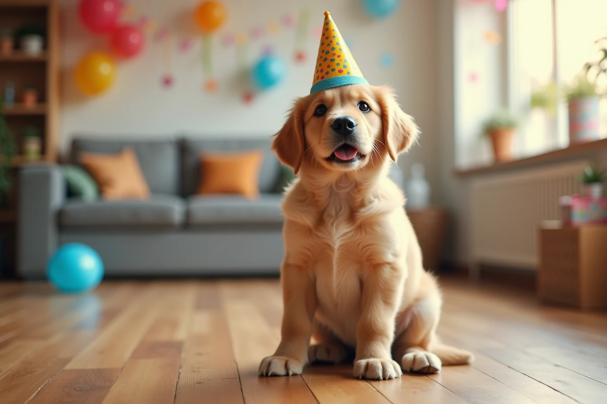 Chien golden retriever portant un chapeau d'anniversaire pointu beaucoup trop grand sur la tête