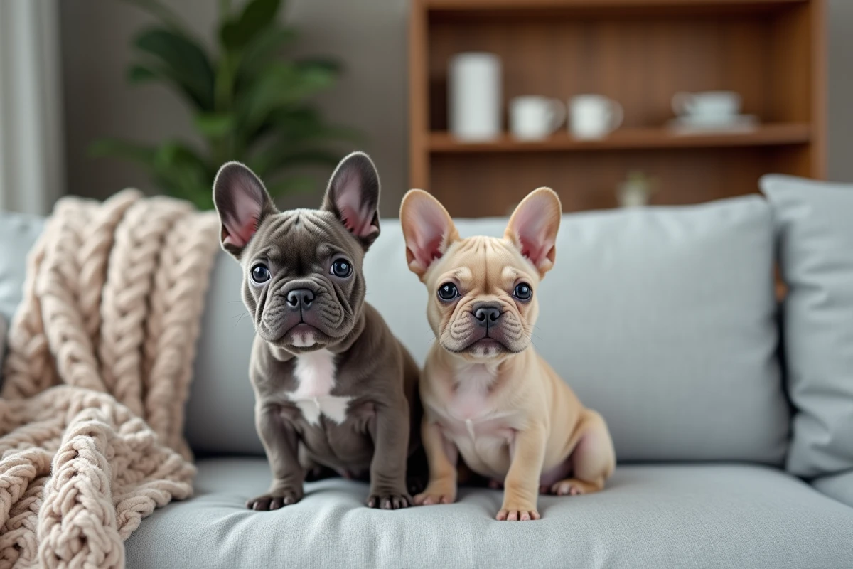 Chiot bouledogue français aux grands yeux expressifs assis sur un canapé gris dans un salon moderne
