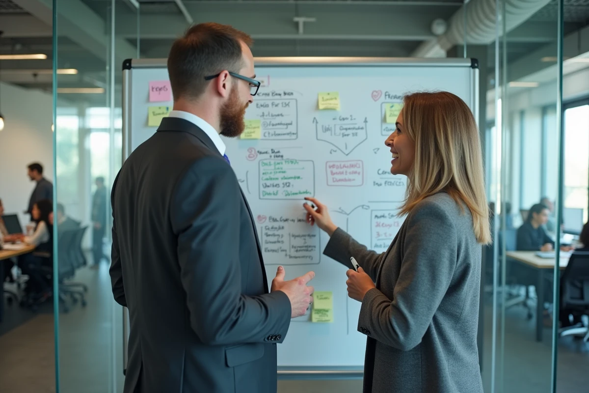 Deux professionnels B2B collaborant sur une stratégie digitale sur mesure devant un tableau blanc en salle de réunion