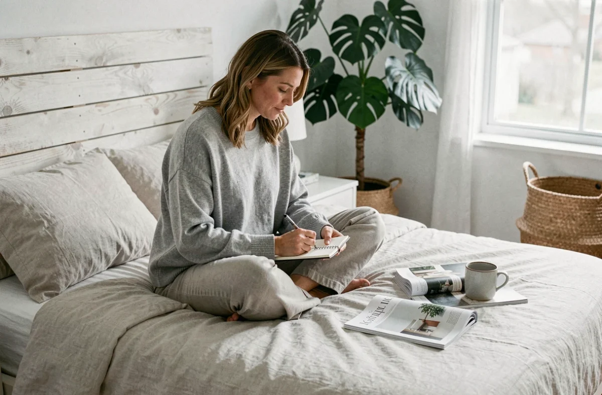 Femme assise sur un lit confortable en lin prenant des notes dans un carnet entourée de magazines de décoration intérieure