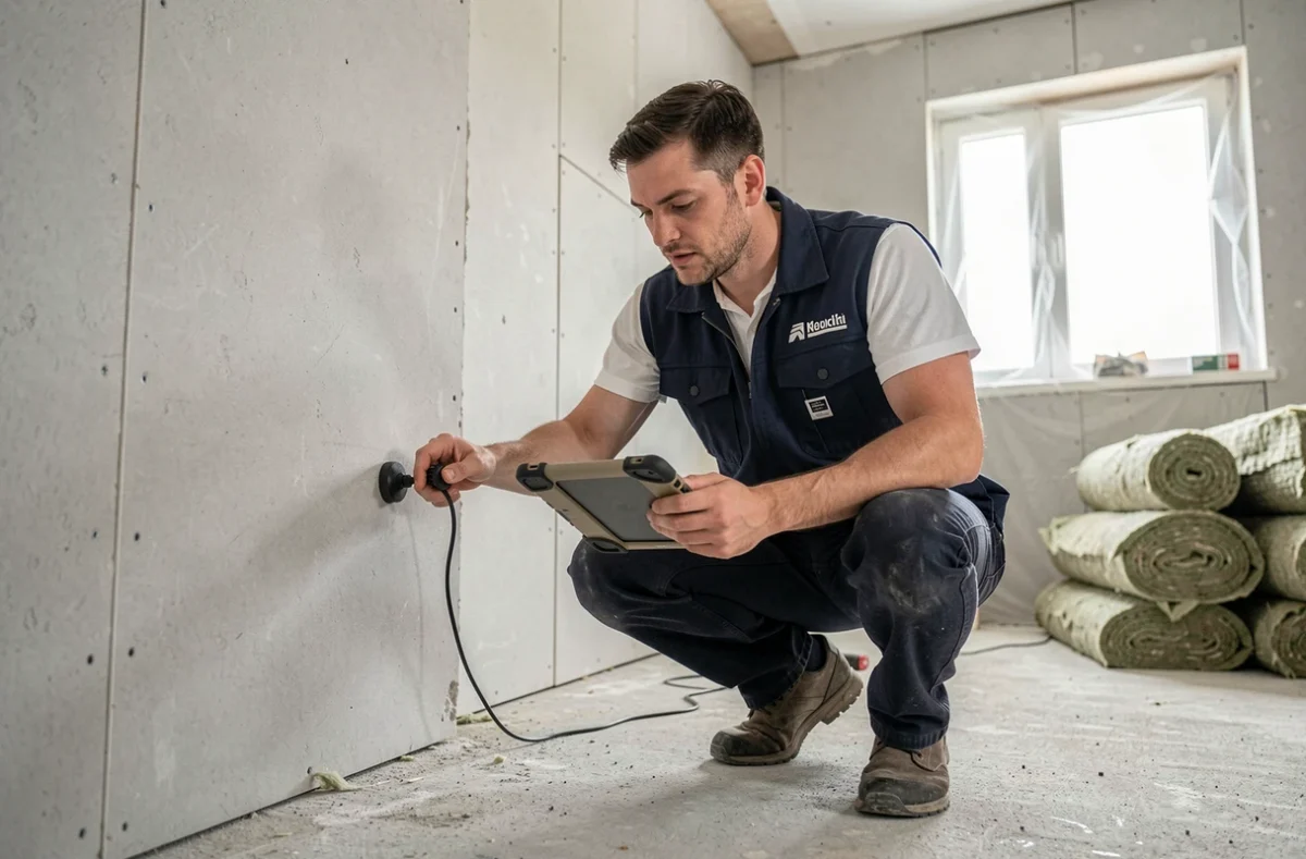 Consultant en acoustique testant l'isolation phonique d'une cloison en plâtre dans un appartement en rénovation