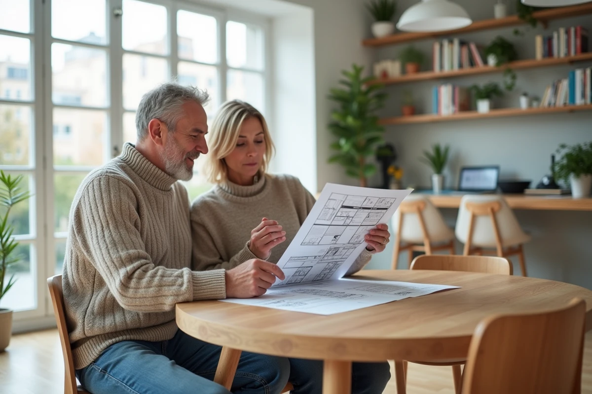 Couple étudiant des documents immobiliers dans un appartement contemporain