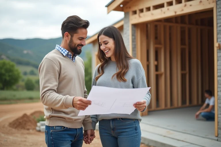 Couple souriant examinant des plans de construction en extérieur