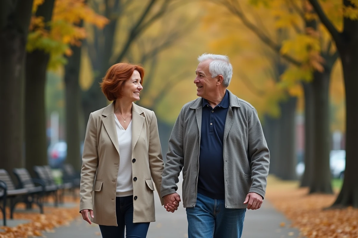 Couple dans la cinquantaine se promenant dans un parc urbain, envisageant sereinement un projet d'adoption