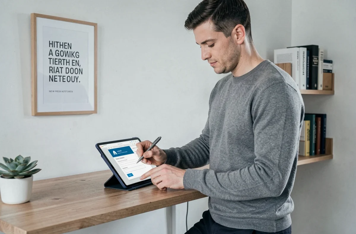 Jeune entrepreneur validant une annonce légale en ligne sur tablette depuis son bureau à domicile