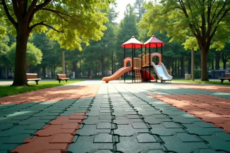 Dalles amortissantes en caoutchouc colorées installées sous une structure de jeux en plein air dans un parc public