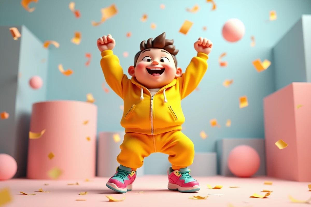 Personnage cartoon en pleine danse de la victoire avec bras levés et grand sourire