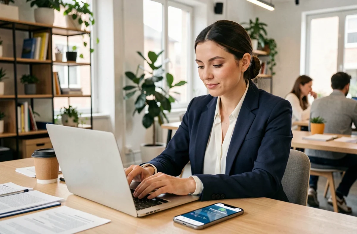 Femme entrepreneur consultant une plateforme d'annonces légales en ligne depuis un espace de coworking moderne