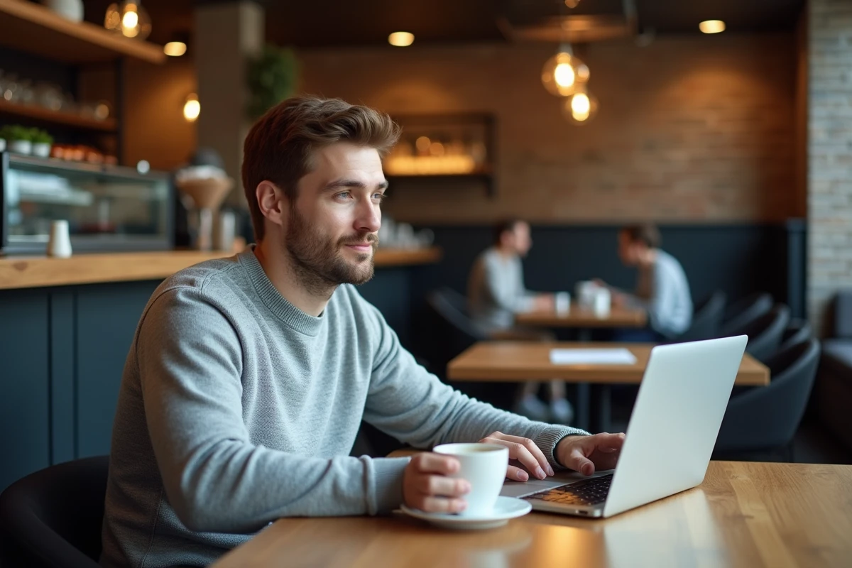 Entrepreneur consultant en stratégie digitale B2B travaillant sur son ordinateur portable dans un café urbain moderne