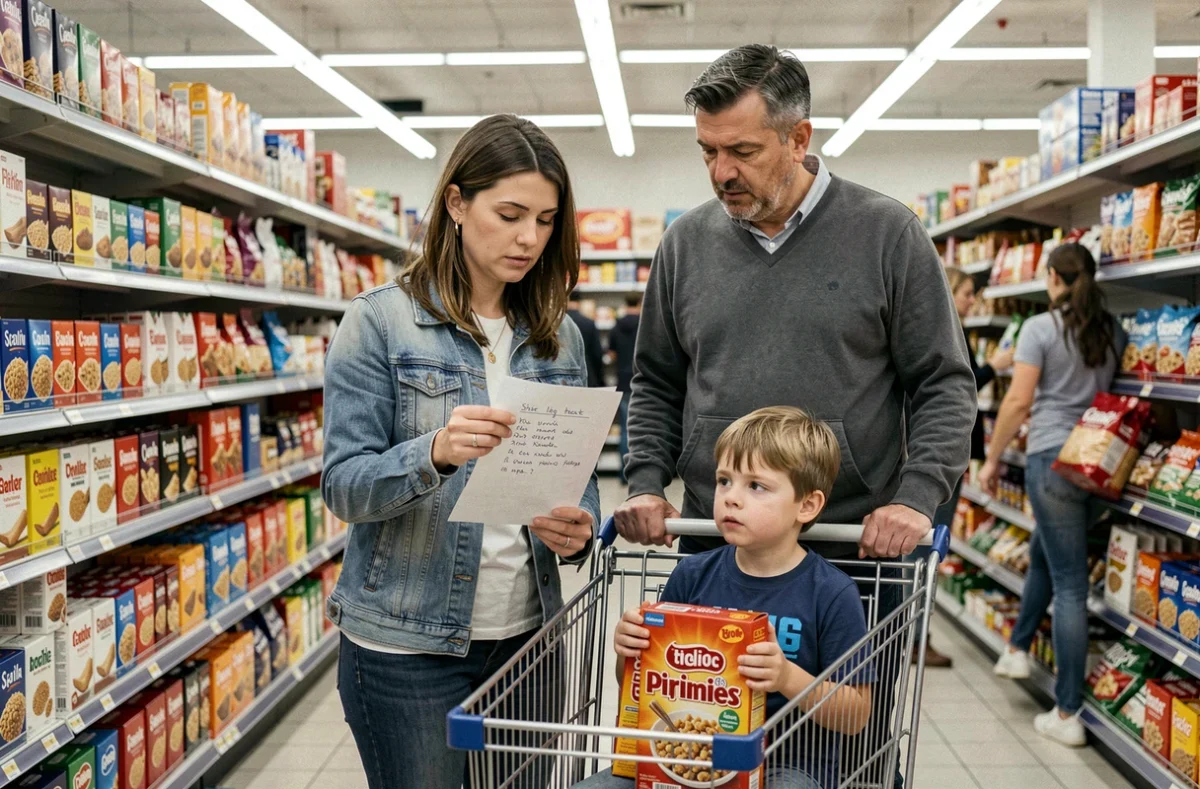 Famille avec enfant faisant les courses ensemble dans un supermarché, parents consultant une liste de courses, vie de famille ordinaire