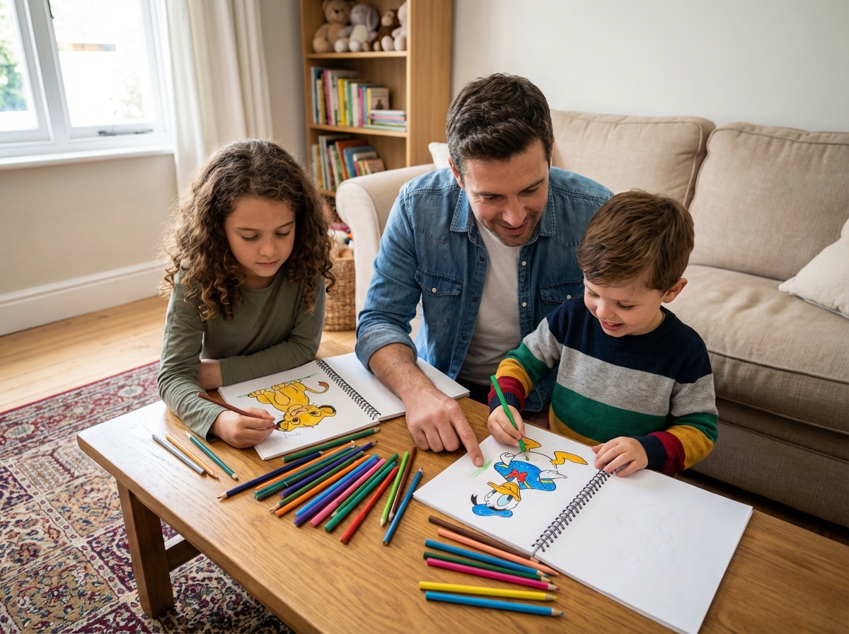 Pere et enfants dessinant des animaux Disney