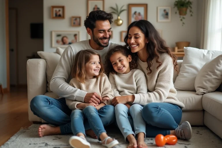 Couple interracial souriant avec enfants dans un salon chaleureux