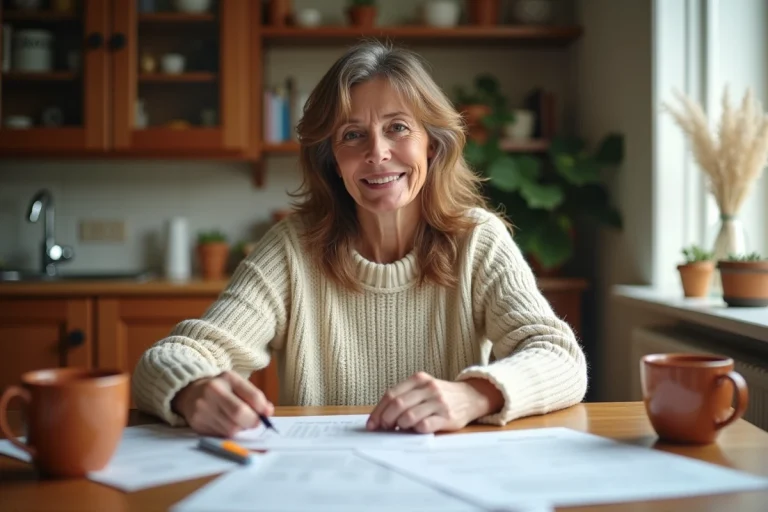Femme de 54 ans examinant des documents d'adoption à une table en bois dans une cuisine chaleureuse