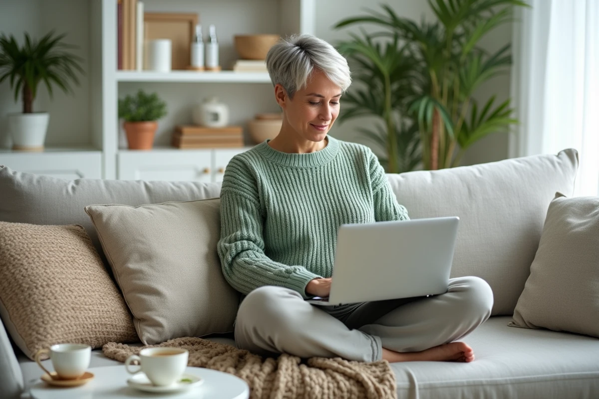Femme faisant ses achats beauté en ligne sur un ordinateur portable depuis son canapé à la maison