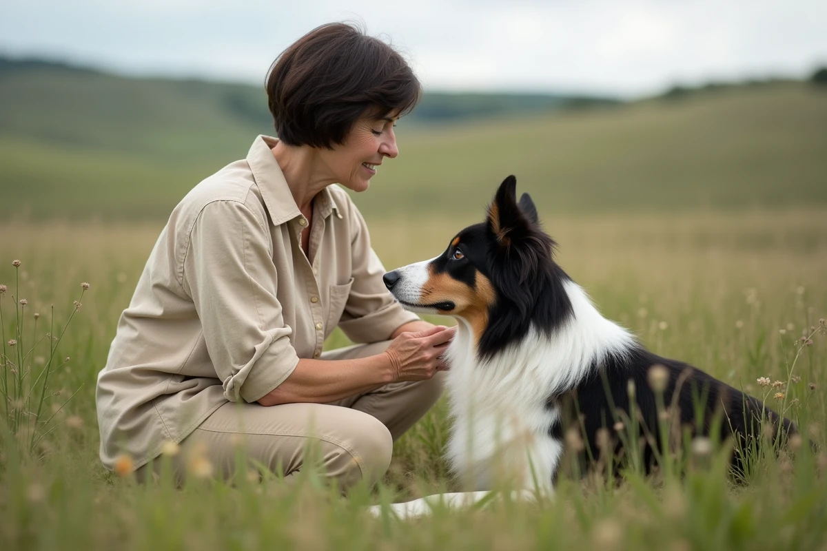 Femme agenouillée dans une prairie caressant un border collie attentif, scène de complicité en plein air à la campagne