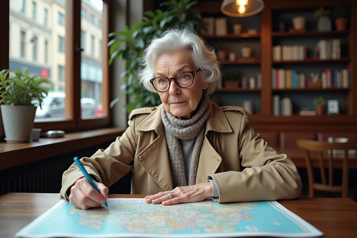 Femme âgée dans un café regardant une carte