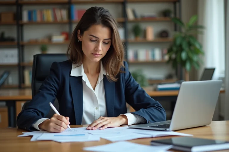 Femme professionnelle en blazer marine comparant des brochures de formation professionnelle à son bureau