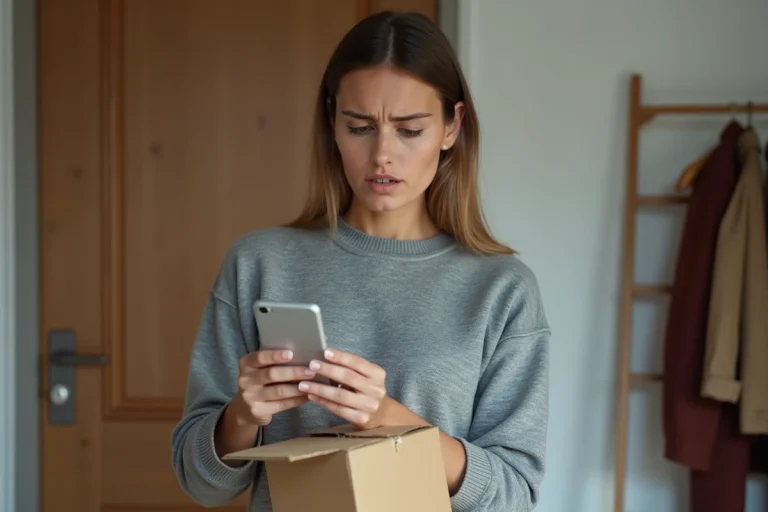 Femme tenant un colis endommagé tout en consultant son téléphone pour contacter Mondial Relay Harnes
