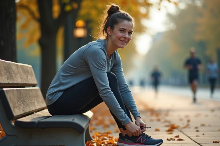 Jeune femme en tenue de sport attachant ses chaussures dans un parc