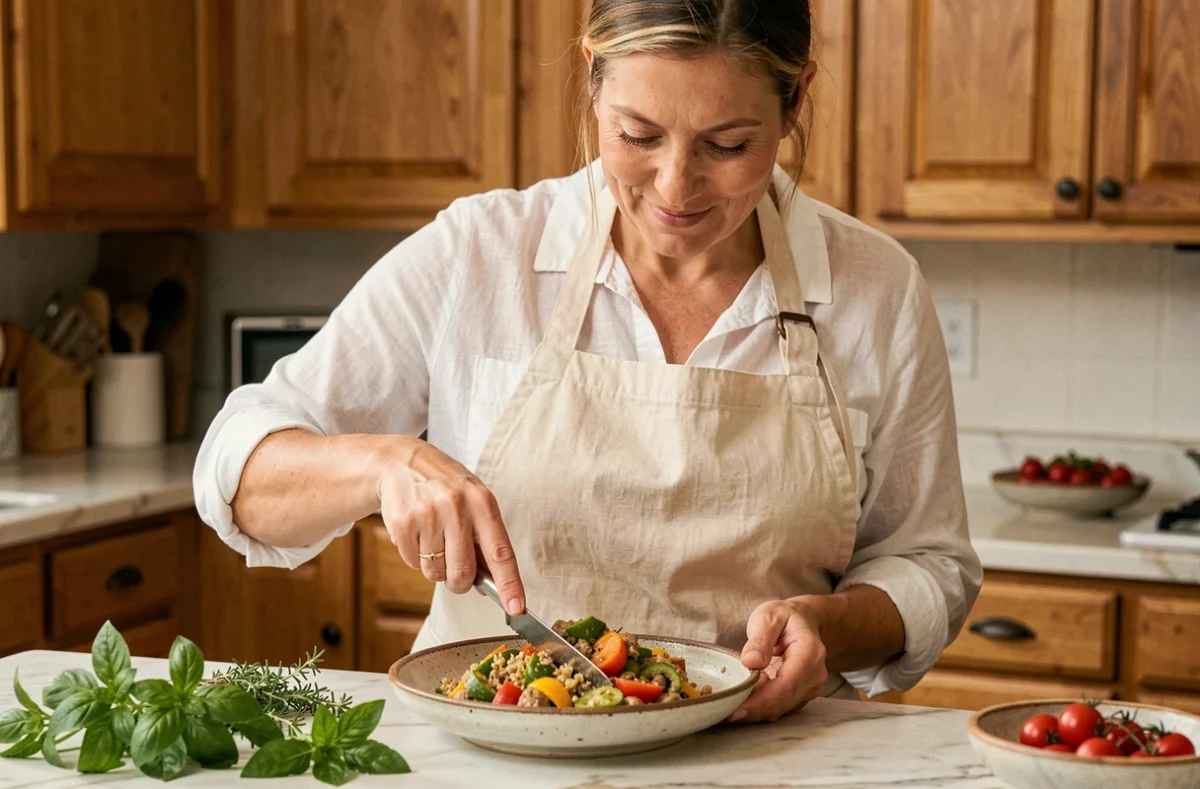 Femme en tablier de lin préparant un plat fait maison dans une cuisine rustique avec plan de travail en marbre