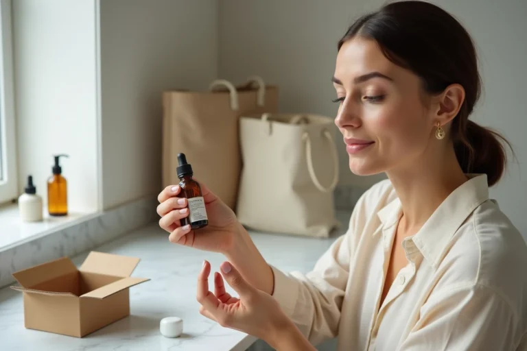 Femme examinant un sérum de soin livré dans une boîte e-commerce, posé sur une coiffeuse en marbre blanc