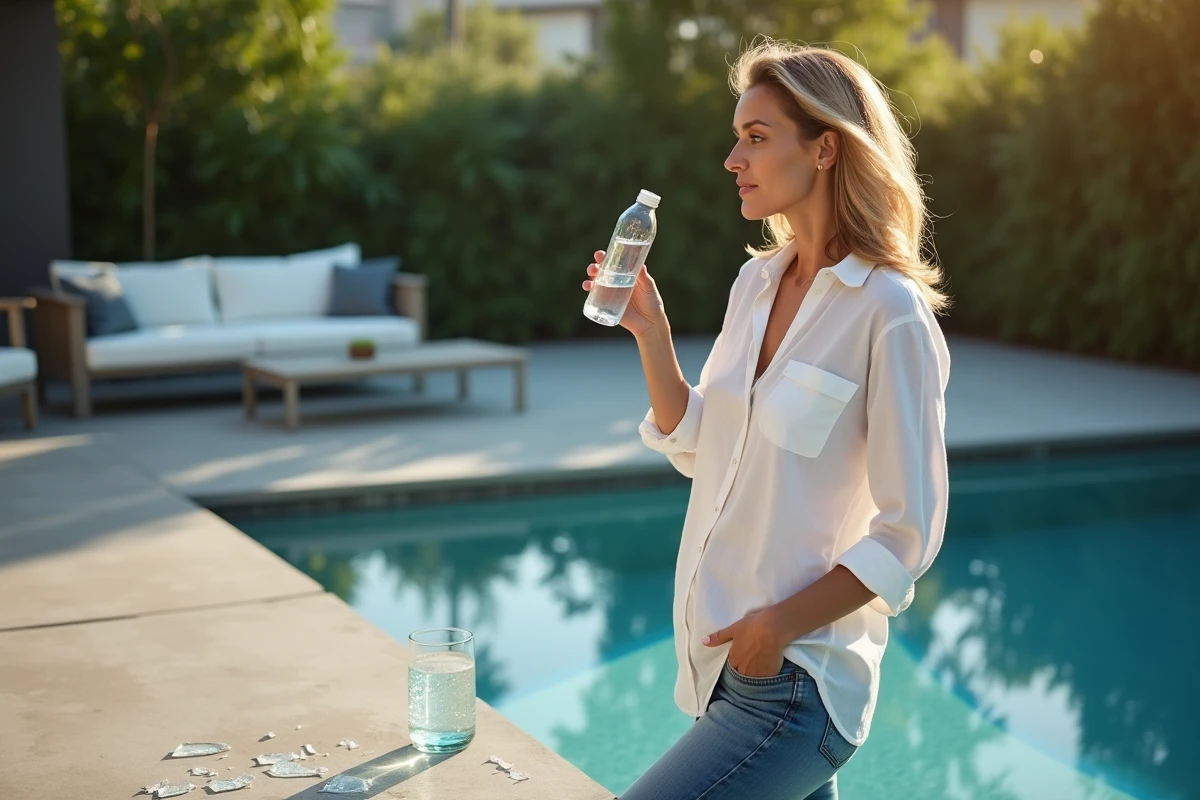 Femme inspectant l'eau d'une piscine après la chute d'un verre brisé sur le bord du bassin