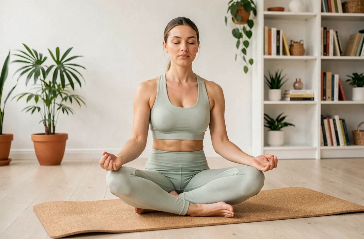 Femme pratiquant la méditation sur un tapis de yoga en liège dans un salon scandinave minimaliste, illustrant le bien-être mental et la pleine conscience