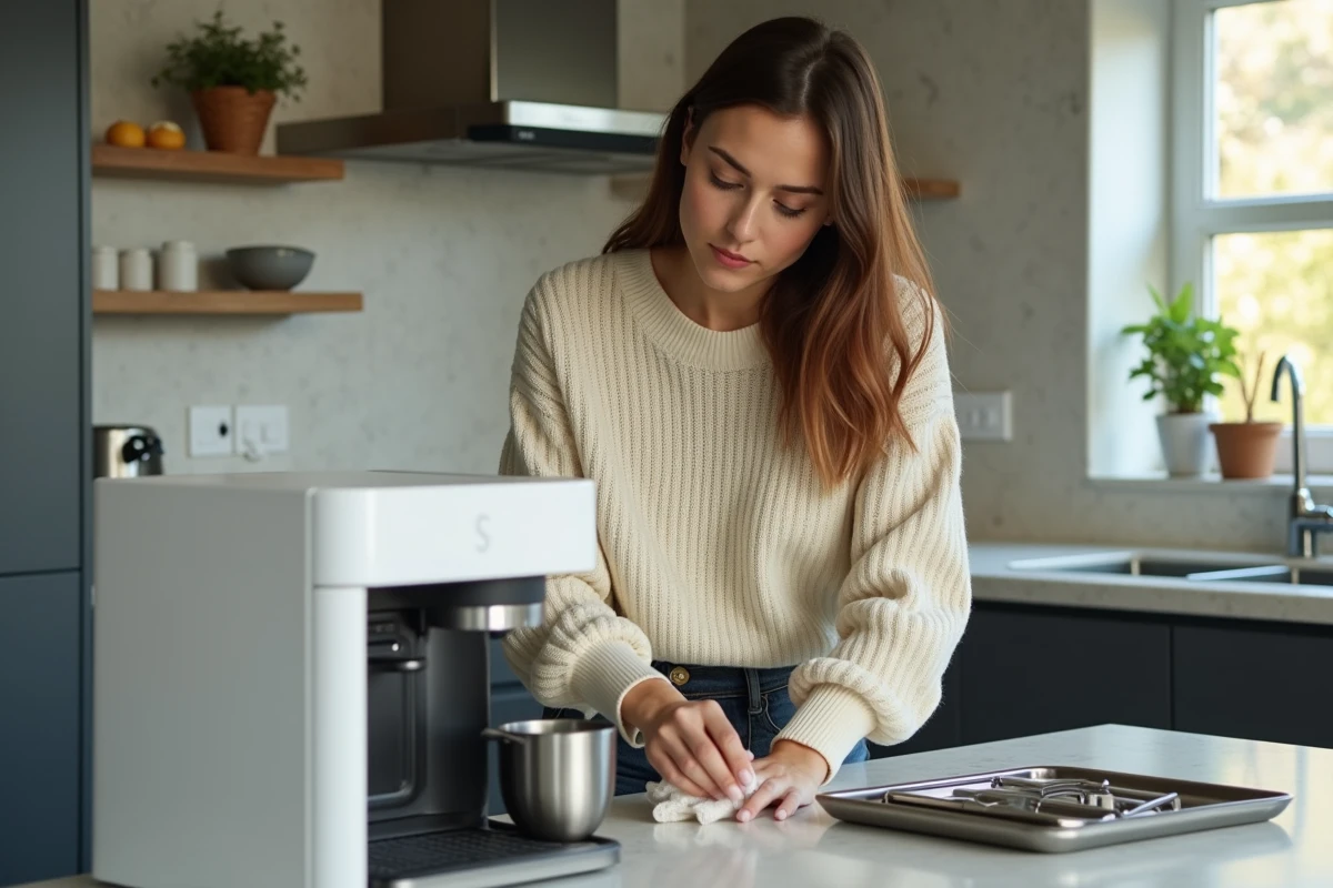 Jeune femme nettoie un plateau de machine à café dans la cuisine