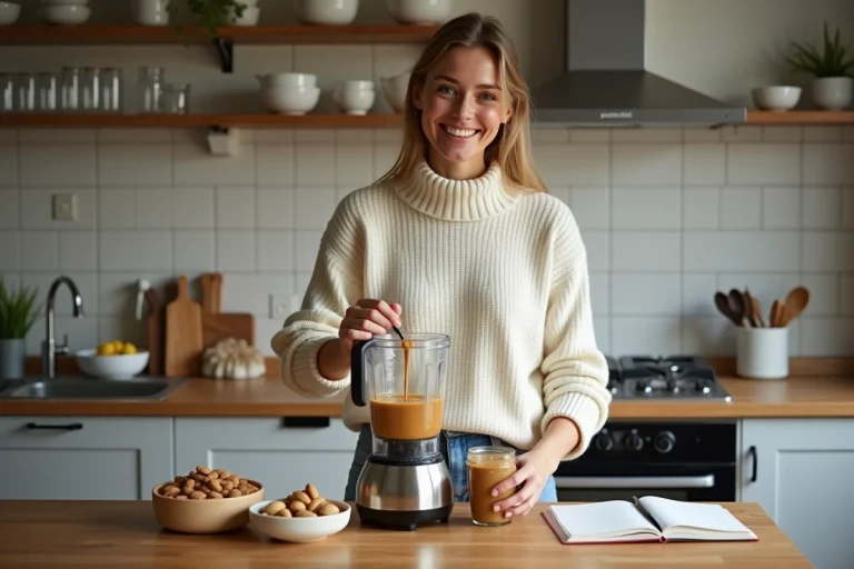 Femme versant du beurre d'amande frais dans un pot dans la cuisine
