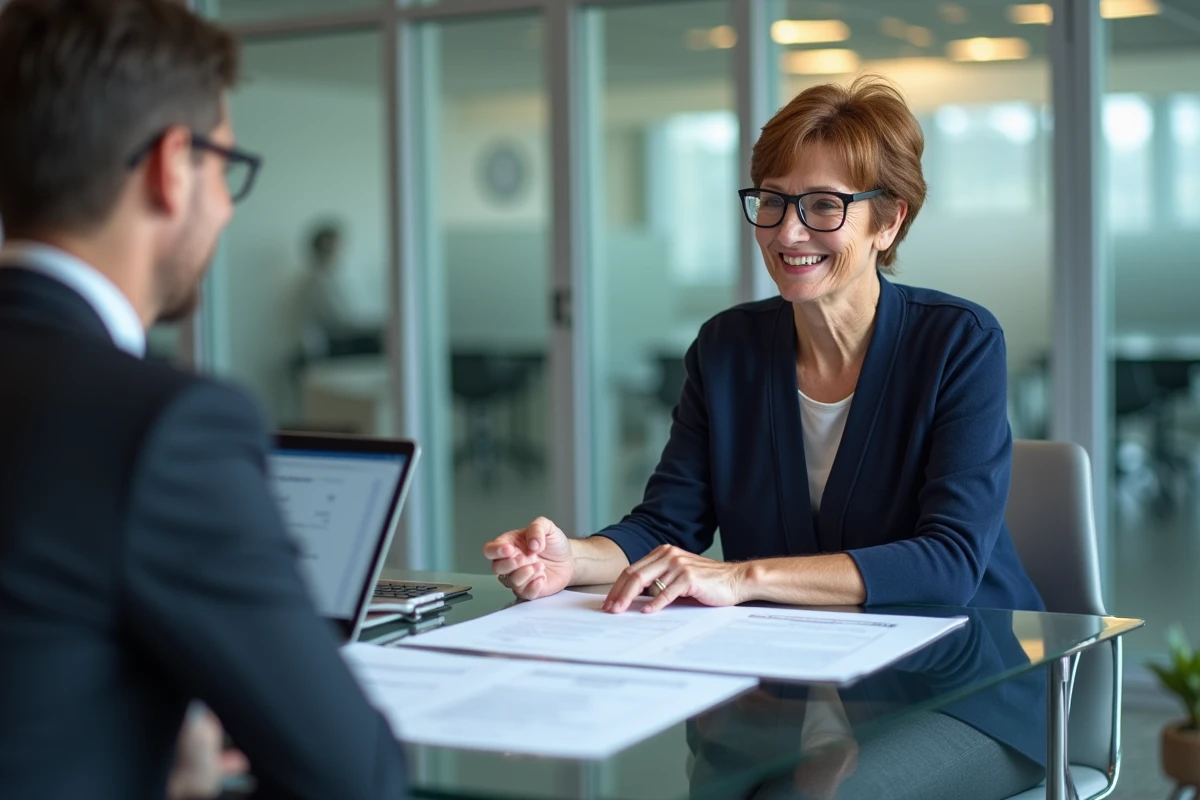 Une femme en préretraite discutant de son solde de tout compte avec un conseiller RH dans un bureau moderne, documents étalés sur la table