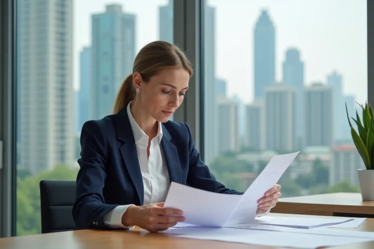 Femme professionnelle en bureau avec documents immobiliers